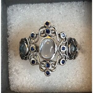 2CT Aquamarine & Treated Sapphire 925 Sterling Silver Filigree Ring Sz 8